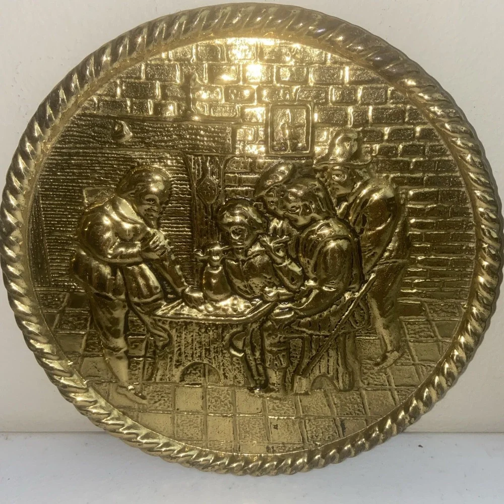 Brass Embossed 3D Tavern Scene Plates Wall Hangings 6.5